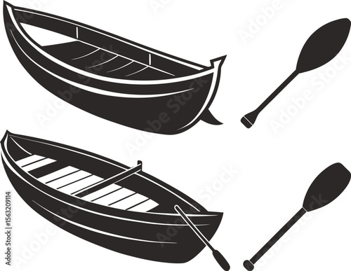 Two simple black boats with oars illustration for fishing design concept