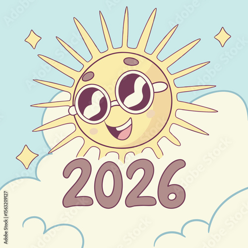Smiling sun wearing sunglasses above clouds with year