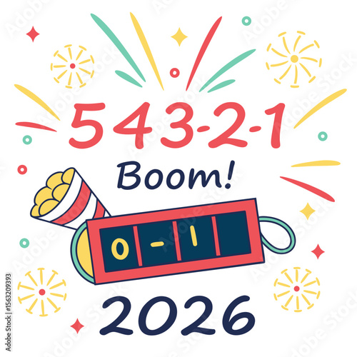 Festive countdown with party popper and year fireworks