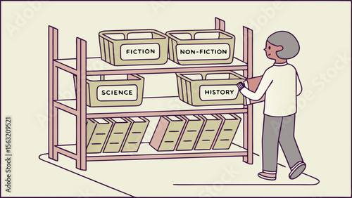 Person reaching for a book from a shelf with labeled bins of fiction non fiction science history