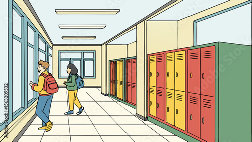 Students walking in a school hallway with lockers and large windows providing natural light and bright colors