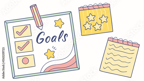 Illustration of a goals list with checkmarks, stars, a pencil, and two additional notepad images