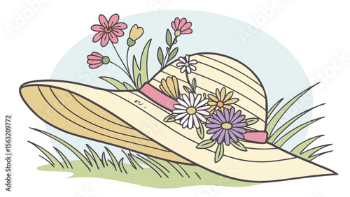 Illustration of a straw hat decorated with flowers and ribbon sitting in the grass on a sunny day