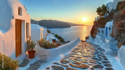 Coastal walkway at sunset with white buildings