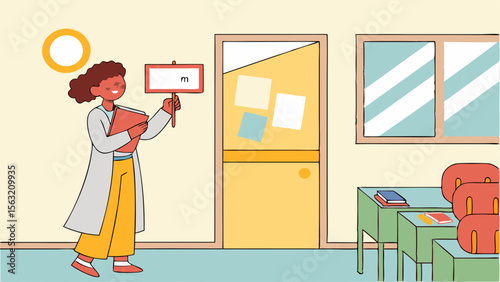 Illustration of a teacher holding a book and a sign in a classroom with desks and a window view