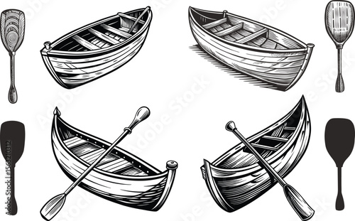 Wooden rowboats and oars illustration graphic design nautical watercraft for fishing design concept

