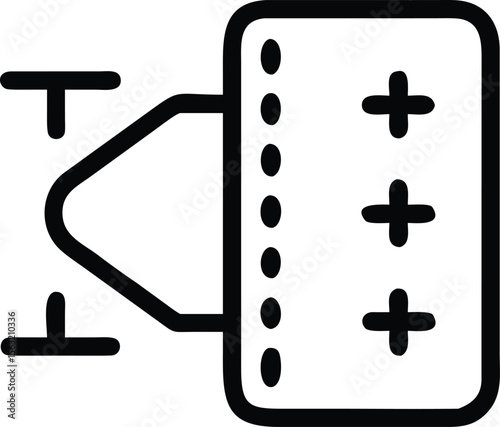 Line art drawing of motherboard with plus signs and circles icons