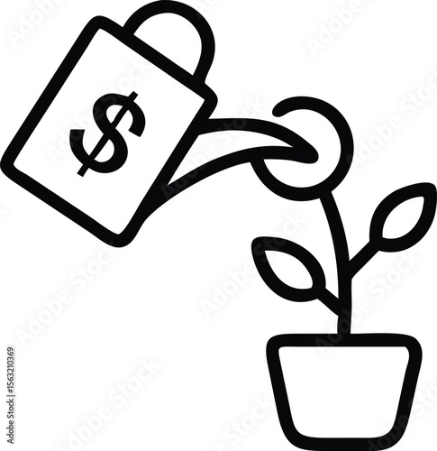 Line art dollar watering can tending to growing plant icon
