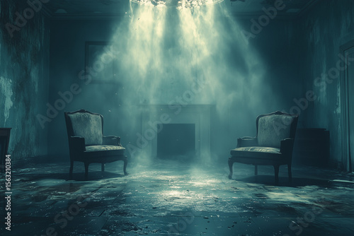 Living room in a dilapidated old house, with sunlight streaming through a broken ceiling, and two chairs placed inside.