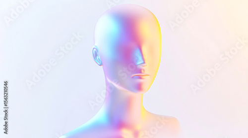Holographic figure presents artificial beauty and futuristic technology with vibrant iridescence against a soft background.