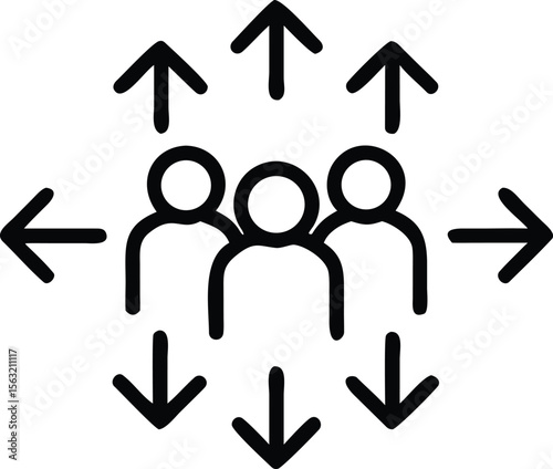 Line art group of people with up, down, left, and right arrows icon
