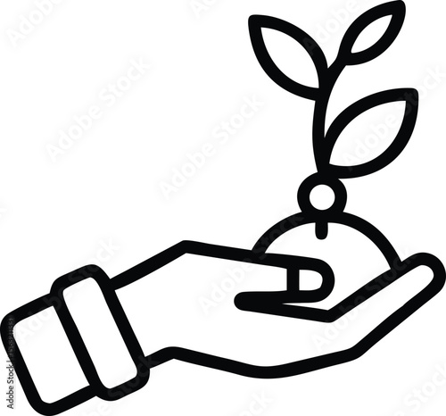 Line art hand holding plant growing from seed simple style