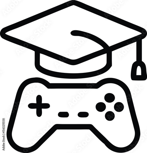 Line art icon illustration of graduation cap on game controller for educational gaming concept