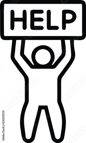 Line art icon illustration of person holding help sign overhead, need assistance
