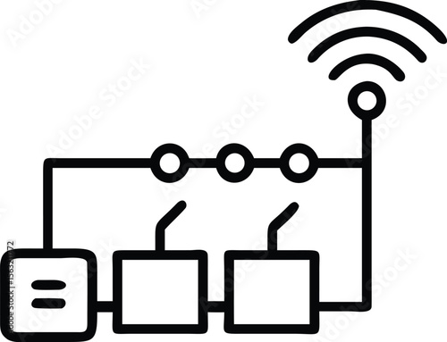 Line art icon of circuit with switches, transmitter and signal waves