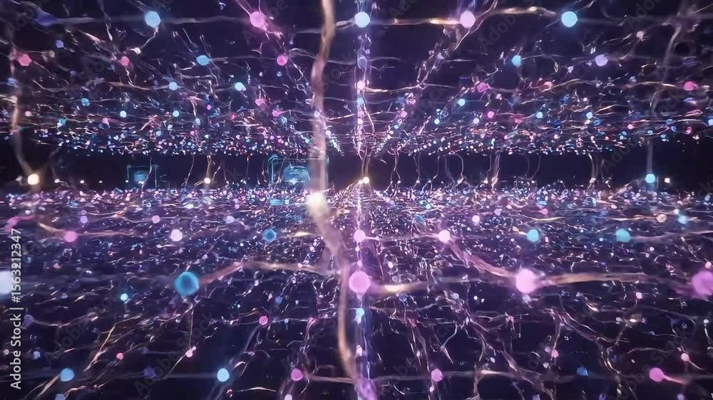Colorful Illustrative 3D Animation of Neural Network. Concept: Chatbot, Artificial Intelligence, Deep Learning, Machine Learning and Large Language Model Visualization. 