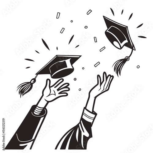 Graduation caps tossed in air with confetti tossing