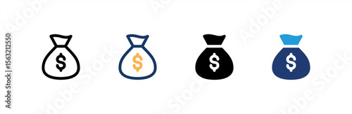 Money Bag icon set multiple style collection. Vector illustration.