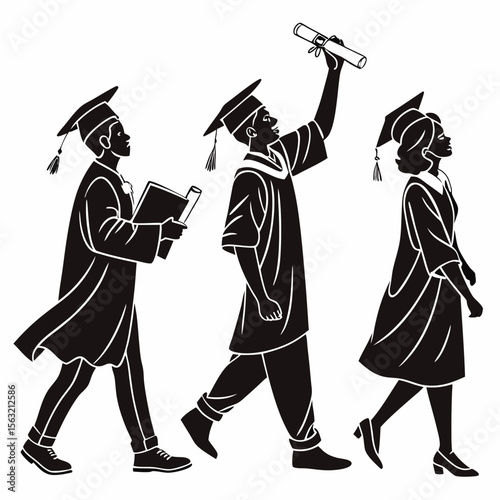 Diverse graduates walking with diplomas and books graduation