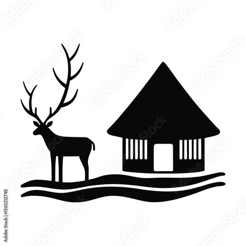 Vector Illustration of a Simple Hut Beside a Tree in a Landscape