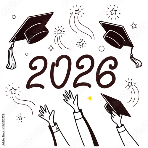 Graduation caps tossed with sparkling stars and year