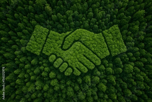 Green handshake symbol formed by trees in a forest from above