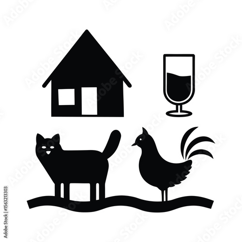 Illustration of a Hen on a Hut Beside a Tree with Colorful Details