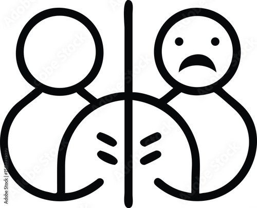 Line art illustration symbolizing relationship split with happy and sad emotions