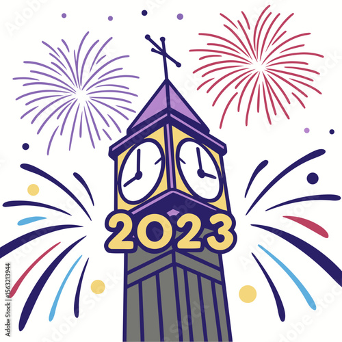 Clock tower fireworks celebration new year 2023
