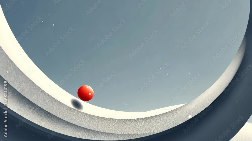 Rolling ball on abstract curved path with surreal sky background in motion sequence