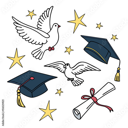 Graduation caps doves and diploma with stars celebration