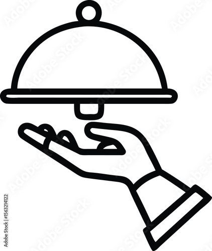 Line art of gloved hand holding food dome for restaurant service