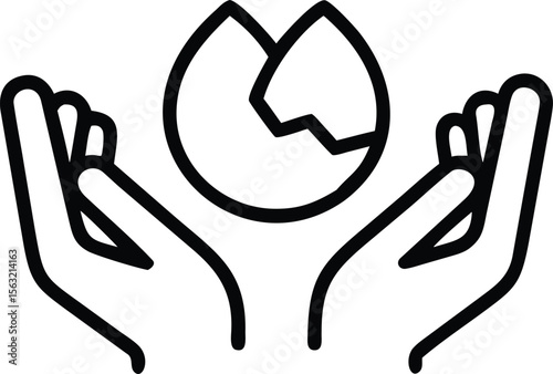 Line art of cupped hands holding a cracked egg icon