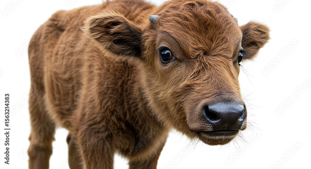 Fototapeta premium 愛らしい仔牛 柔らかな毛並み 輝く瞳 白背景. AI Generated