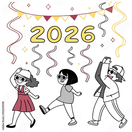 Festive celebration with dancing figures and year party