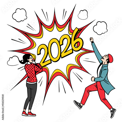 Excited man and surprised woman with year explosion