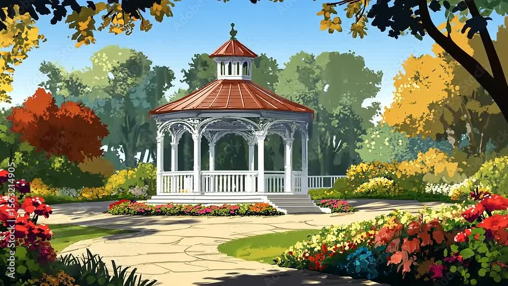 Beautiful garden gazebo surrounded by vibrant flowers and lush trees under a clear blue sky