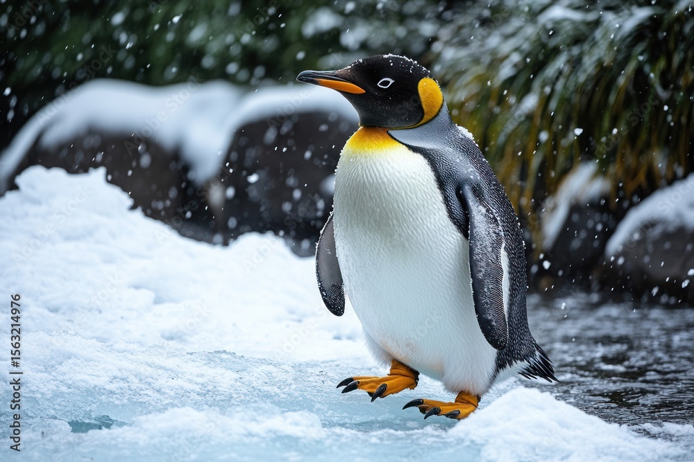 Fototapeta premium Small penguin chick walking on frozen ice surface