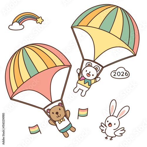 Cartoon animals parachuting with rainbow bears bunny