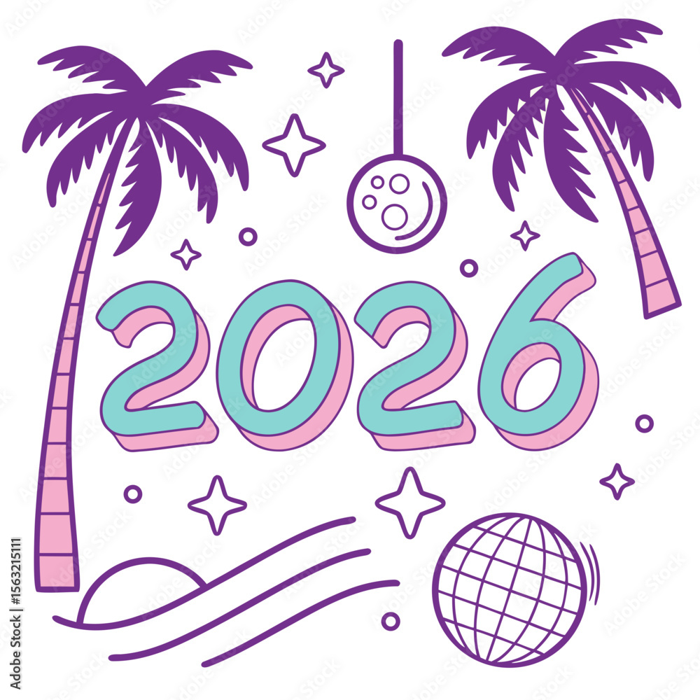 Naklejka premium Retro Palm Trees and Disco Ball Year Celebration vaporwave