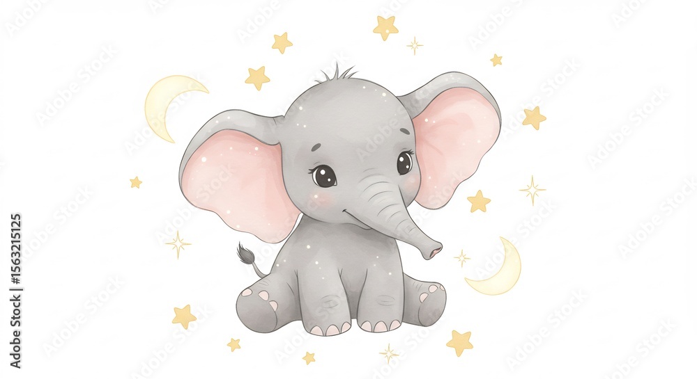 Naklejka premium 優しい光輝く子象 水彩画風 星月夜. AI Generated