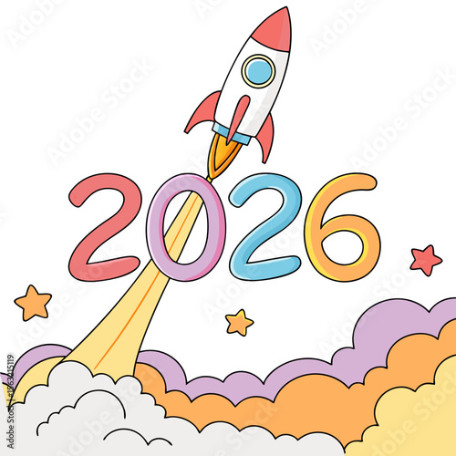 Rocket launch with colorful numbers and stars smoke