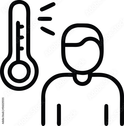 Line art of sick person with thermometer showing fever or illness
