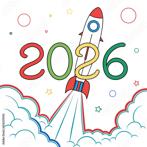 Red rocket launching with colorful numbers and clouds