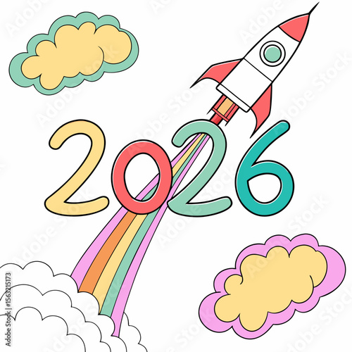 Rocket blasting through colorful numbers launch smoke