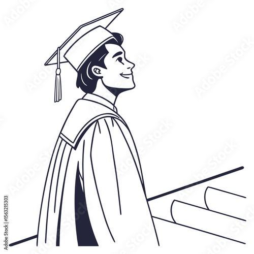 Smiling graduate in cap and gown looking up graduation