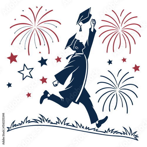 Leaping graduate tossing cap amidst fireworks and stars