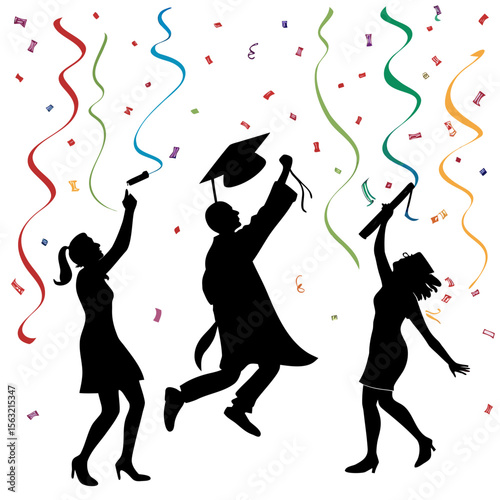 Joyous graduation celebration with colorful confetti and streamers