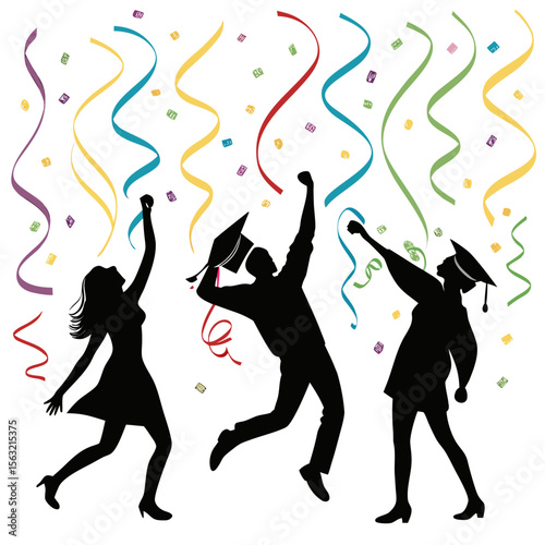 Celebratory silhouettes with colorful streamers and confetti