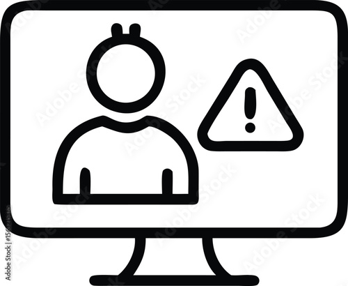 Line art of user profile on computer screen with warning icon